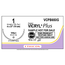 ETHICON Suture, Coated VICRYL Plus, Blunt Point, TPB-1, 4-27", Size 1. MFID: VCPB650G