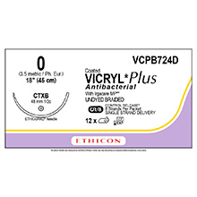 ETHICON Suture, Coated VICRYL Plus, ETHIGUARD - Blunt Point, CTX-B, 8-18", Size 0. MFID: VCPB724D