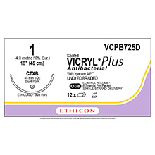 ETHICON Suture, Coated VICRYL Plus, ETHIGUARD - Blunt Point, CTX-B, 8-18", Size 1. MFID: VCPB725D