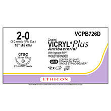 ETHICON Suture, Coated VICRYL Plus, ETHIGUARD - Blunt Point, CTB-2, 8-18", Size 2-0. MFID: VCPB726D