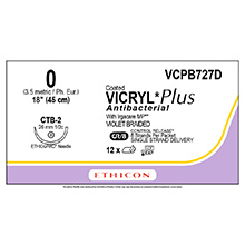 ETHICON Suture, Coated VICRYL Plus, ETHIGUARD - Blunt Point, CTB-2, 8-18", Size 0. MFID: VCPB727D