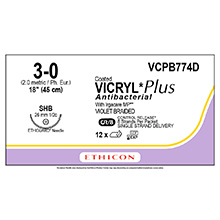 ETHICON Suture, Coated VICRYL Plus, ETHIGUARD - Blunt Point, SHB, 8-18", Size 3-0. MFID: VCPB774D