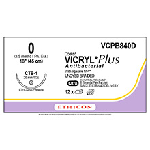 ETHICON Suture, Coated VICRYL Plus, ETHIGUARD - Blunt Point, CTB-1, 8-18", Size 0. MFID: VCPB840D