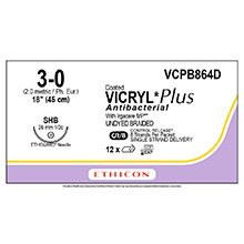 ETHICON Suture, Coated VICRYL Plus, ETHIGUARD - Blunt Point, SHB, 8-18", Size 3-0. MFID: VCPB864D