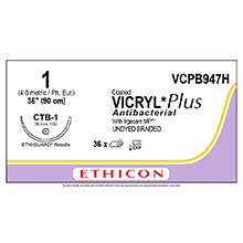ETHICON Suture, Coated VICRYL Plus, ETHIGUARD - Blunt Point, CTB-1, 36", Size 1. MFID: VCPB947H