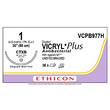 ETHICON Suture, Coated VICRYL Plus, ETHIGUARD - Blunt Point, CTX-B, 36", Size 1. MFID: VCPB977H