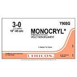 ETHICON Suture, MONOCRYL, SUTUPAK Pre-Cut Sutures, 6-18", Size 3-0. MFID: Y908G