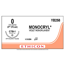 ETHICON Suture, MONOCRYL, ETHIGUARD - Blunt Point, CTB-1, 27", Size 0. MFID: YB258