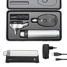 HEINE BETA LED Diagnostic Set: BETA 200 LED Ophthalmoscope, BETA 400 LED Fiber Optic Otoscope, BETA4 USB Rechargeable Handle, USB Cord, Power Supply. MFID: A-153.28.388