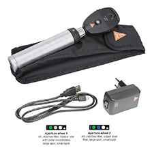 HEINE K180 Ophthalmoscope Set: K180 LED Ophthalmoscope with Aperture Wheel-1, BETA4 USB Rechargeable Handle, USB Plug-In Power Supply, Soft Pouch. MFID: C-182.28.388