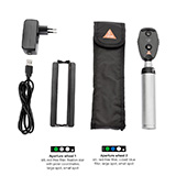 HEINE K180 Ophthalmoscope Set: K180 LED Ophthalmoscope with Aperture Wheel-2, BETA4 USB Rechargeable Handle, USB Plug-In Power Supply, Soft Pouch. MFID: C-183.28.388
