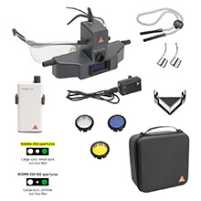 HEINE SIGMA 250 LED Indirect Ophthalmoscope Set with SMALL APERTURE, S-FRAME, mPack Mini Battery, Accessories. MFID: C-281.41.671