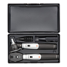 HEINE mini3000 LED Diagnostic Set: mini3000 LED Ophthalmoscope, mini3000 Fiber Optic LED Otoscope, (2) mini3000 battery handles, (4) reusable tips B-000.11.111, (10) AllSpec 4mm disposable tips, Case. MFID: D-886.11.021