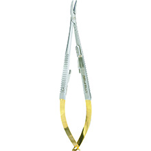 MILTEX CASTROVIEJO Needle Holder, 5-1/2" (140mm), curved, serrated jaws, with lock, Tungsten Carbide. MFID: 18-1832A-TC