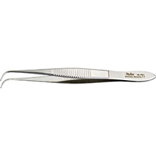 MILTEX Iris Tissue Forceps, 3-3/4" (95mm), delicate pattern, full curved, 1 X 2 teeth, 0.6mm wide tips. MFID: 18-791