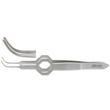 MILTEX FOERSTER Eye Dressing Forceps, 3-3/4" (95mm), octagonal grip, full curved, serrated tips 0.55mm wide. MFID: 18-795A