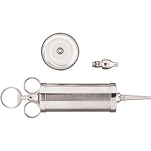 MILTEX Metal Ear Syringe, one short bulbous, one tapered tip, shield, 4 ounce (.12 liter). MFID: 19-385