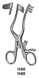 MILTEX PERKINS Endaural Retractor, 4-7/8" (125mm), Curved, Left Side serrated solid blade, Right Side 3 semi-sharp prongs. MFID: 19-668