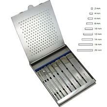 MILTEX Set of 9 SWISS Pattern Osteotomes 2 mm to 20 mm, complete in fitted sterilizer case. MFID: 27-610