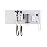 Welch Allyn 777 Integrated Wall System: PanOptic Plus LED Ophthalmoscope, MacroView Plus LED Otoscope for iExaminer, Specula Dispenser, SureTemp Plus Thermometer. MFID: 777-PM3WXS-US